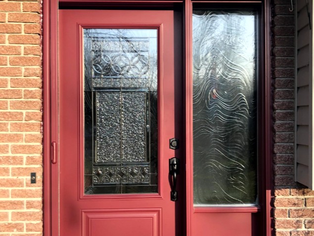 Custom Red Entry Door with Decorative Glass Sideli