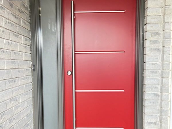 Custom Red Steel Entry Door with Privacy Glass Sid