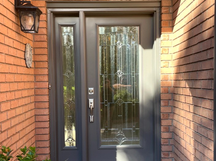 Grey Entry Door with Decorative Glass Sidelight