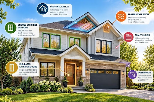Infographic of a two-story home highlighting energy efficiency improvements, including roof insulation, energy-efficient windows, insulated doors, quality siding, proper ventilation, and eavestroughs.