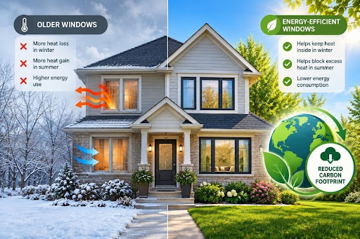Side-by-side comparison diagram showing older, inefficient home windows allowing heat loss on a snowy winter day versus energy-efficient windows keeping heat inside during summer and winter.