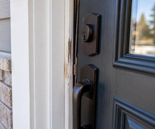 Close-up of damaged, scraped white wood trim on a door frame next to a dark grey front door lock
