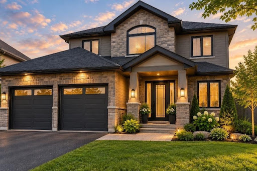Modern two-story stone and dark trim house lit up at dusk, featuring dark garage doors, exterior lighting, and landscaped greenery.