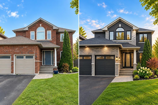 Side-by-side split screen comparison showing a home before and after an exterior renovation, updating red brick to dark siding and modern trim.