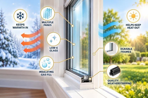Diagram showcasing key features of an energy-efficient window, including multiple panes, Low-E glass, insulating gas fill, durable frames, and quality weatherstripping.