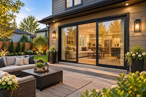 Outdoor patio view looking into a home through a large black-framed sliding glass door with comfortable outdoor seating and evening landscaping.