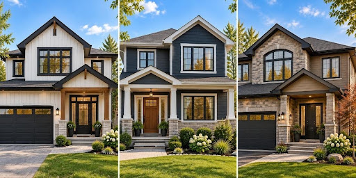 Three side-by-side vertical panels displaying different modern home exterior design styles with varied siding, entry doors, and landscaping.