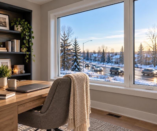 Cozy home office desk next to a large energy-efficient picture window overlooking a snowy winter neighborhood street.