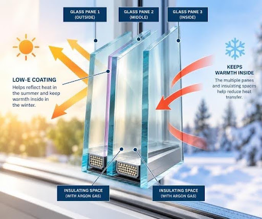 Diagram demonstrating thermal efficiency and heat reflection in a triple-pane window with Low-E glass and argon gas fill.