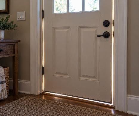 Light shining through gaps around a closed front door frame, showing air drafts and poor sealing