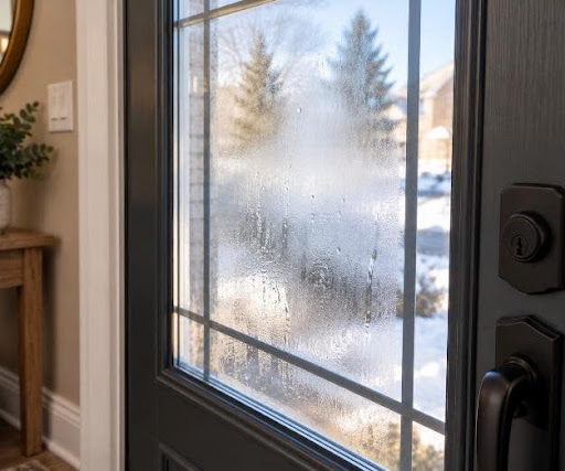 Water condensation and fog moisture buildup on the glass panel of a dark grey front entry door