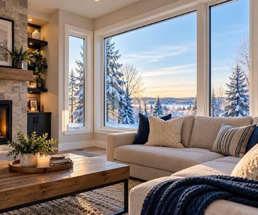 Warm living room interior featuring large energy-efficient picture windows with views of a snowy winter forest landscape.