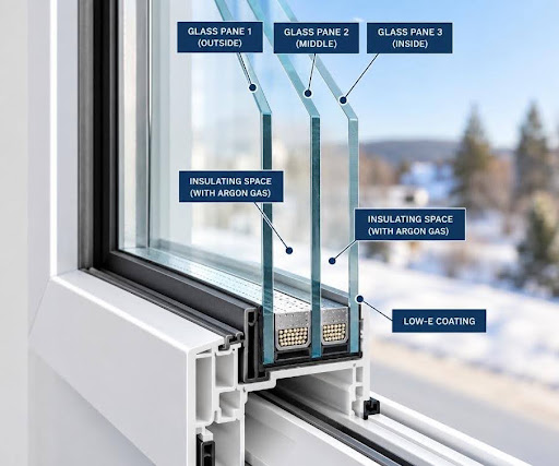Detailed cross-section diagram of an energy-efficient triple-pane window showing argon gas insulation spaces and Low-E coating.