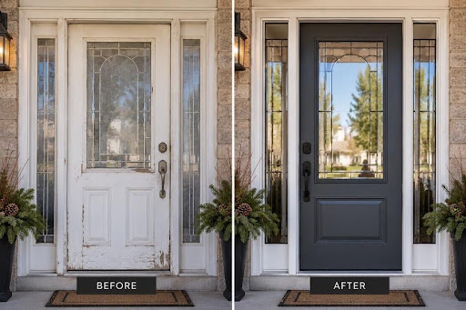 Before and after comparison of an old, worn white front door replaced with a modern dark grey entry door with glass panels